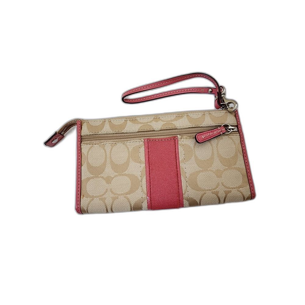 Coach Signature Canvas Stripe Wristlet Wallet – Khaki & Pink - Picture 3 of 12